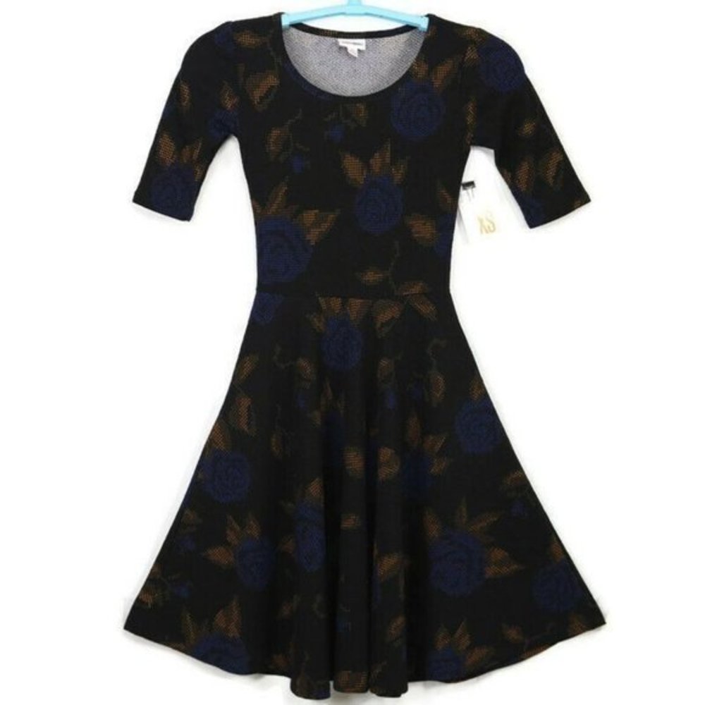 LuLaRoe Nicole Fit‎ & Flare A-Line Dress Black Blue Yellow Roses Floral XS